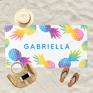 Tropical Blue Rainbow Pineapple Personalised Beach Towel