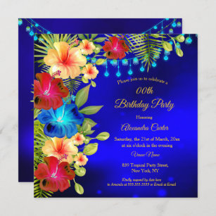 Tropical Blue Red Yellow Hibiscus floral Birthday Invitation