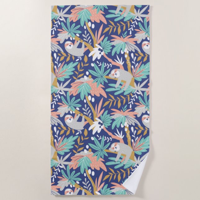 Tropical Blue Sloth Pattern Beach Towel (Front)