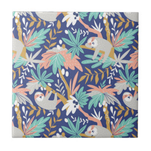 Tropical Blue Sloth Pattern Ceramic Tile