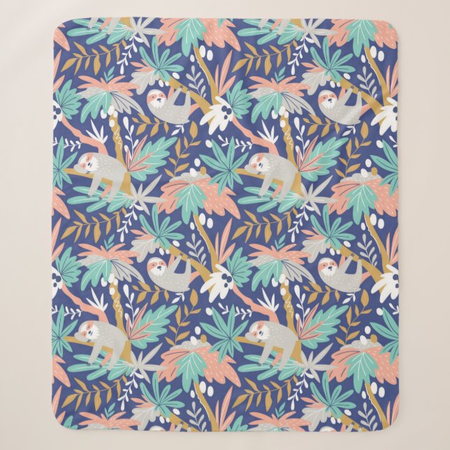 Tropical Blue Sloth Pattern Sherpa Blanket (Front)