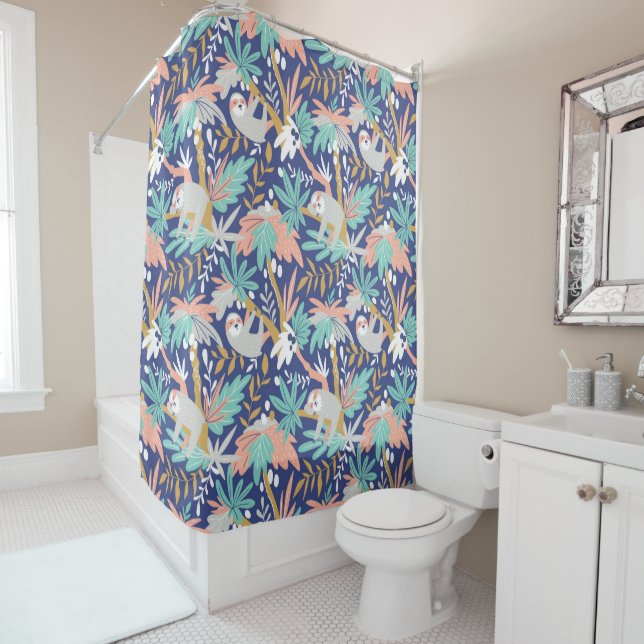 Tropical Blue Sloth Pattern Shower Curtain (In Situ)