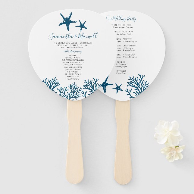 Tropical Blue Starfish Wedding Program Fan (Front and Back)