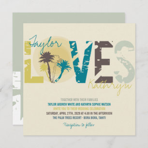 Tropical Blue Sunset Palm Trees Beach Wedding Invitation