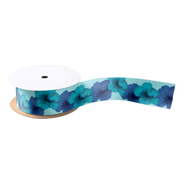 Tropical Blue Teal Hibiscus Flowers Satin Ribbon (Spool)
