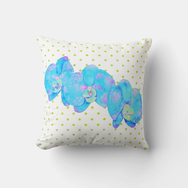 Tropical Blue Teal watercolor orchid painting Cushion (Front)