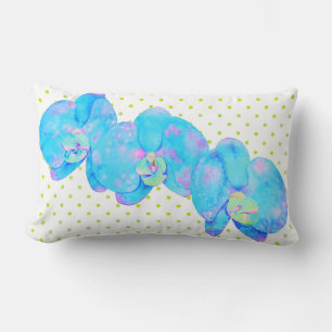 Tropical Blue Teal watercolor orchid painting Lumbar Cushion