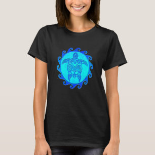 Tropical Blue Tribal Sea Turtle Maori Sun T-Shirt