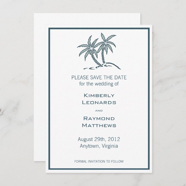 Tropical Blue Twin Palm Trees Save the Date Invitation (Front/Back)
