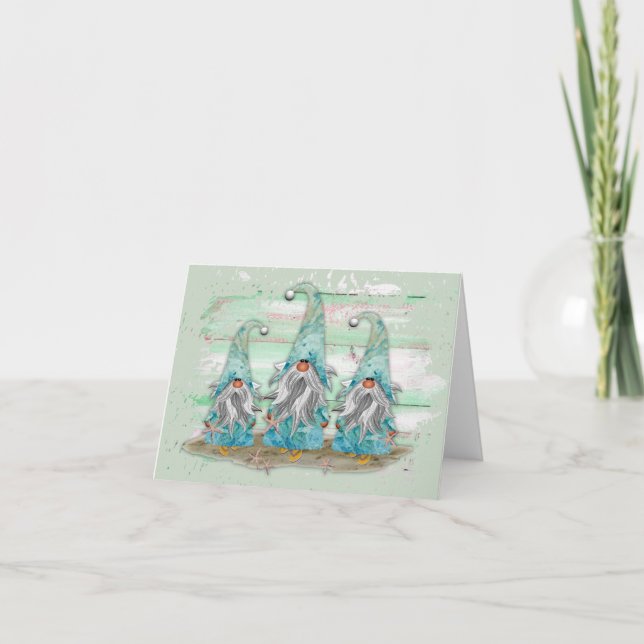 Tropical Blue Watercolor Beach Gnomes Card (Front)