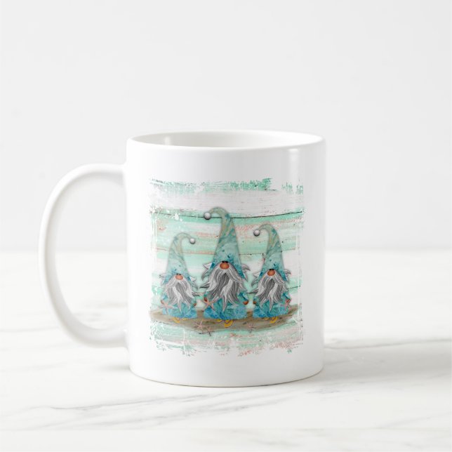 Tropical Blue Watercolor Beach Gnomes Coffee Mug (Left)