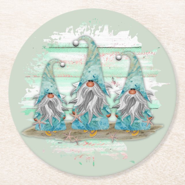 Tropical Blue Watercolor Beach Gnomes Round Paper Coaster (Front)