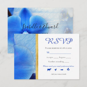 Tropical Blue Watercolor Orchids Gold Line Wedding RSVP Card