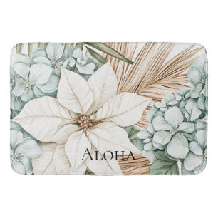 Tropical Blue White Flowers Bath Mat
