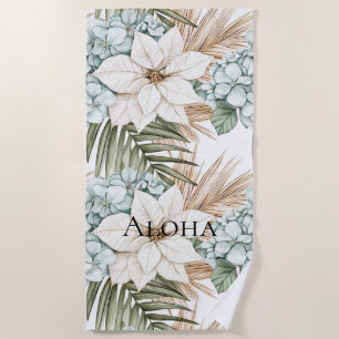 Tropical Blue White Flowers   Beach Towel