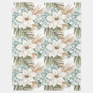 Tropical Blue White Flowers   Fleece Blanket