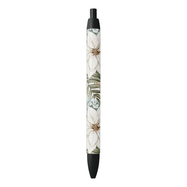 Tropical Blue White Flowers Wedding Black Ink Pen (Front Vertical)