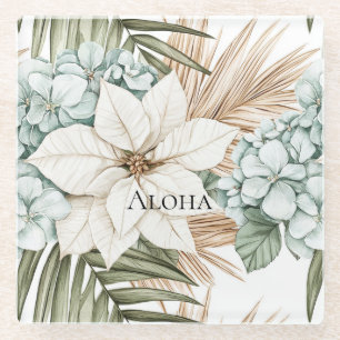 Tropical Blue White Flowers Wedding Glass Coaster