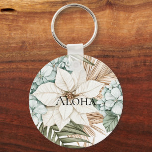 Tropical Blue White Flowers Wedding Key Ring