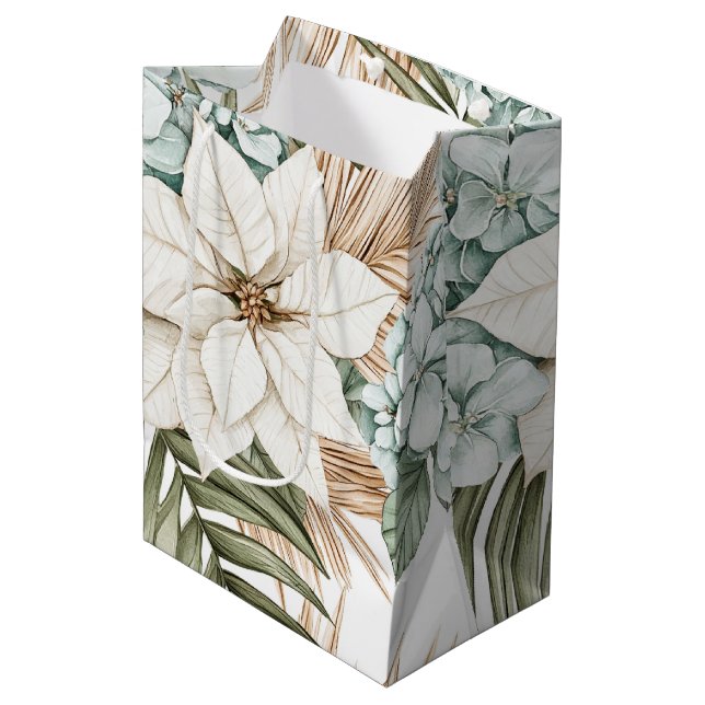 Tropical Blue White Flowers Wedding Medium Gift Bag (Front Angled)