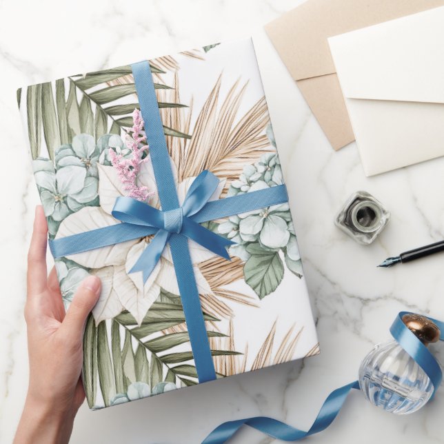 Tropical Blue White Flowers Wedding Wrapping Paper (Gifting)