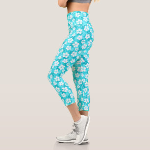 Tropical Blue White Hibiscus Flower Pattern Capri Leggings
