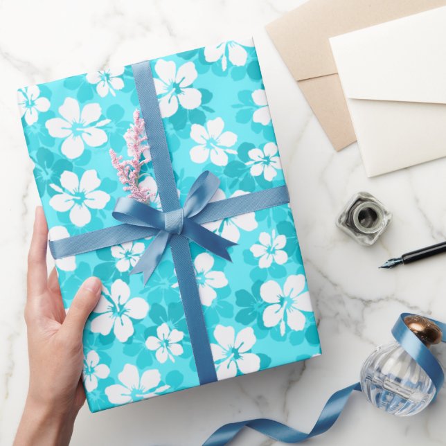 Tropical Blue White Hibiscus Flowers Pattern Wrapping Paper (Gifting)