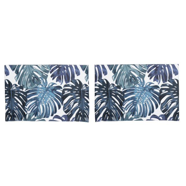 Tropical Blue White Jungle Leaves Pillowcase (Front-Set)