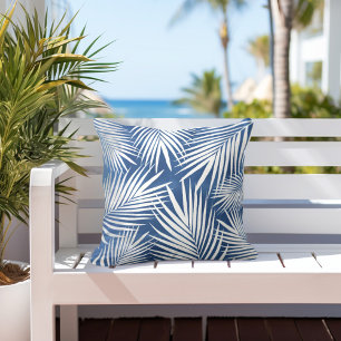 Tropical Blue White Palm Leaves Cushion