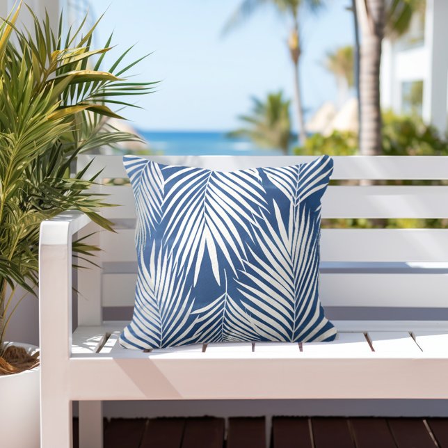 Tropical Blue White Palm Leaves Cushion (Creator Uploaded)
