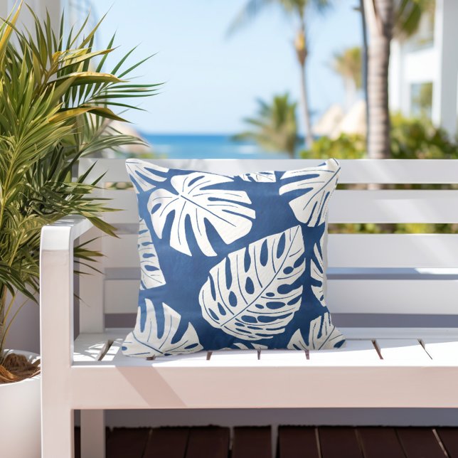 Tropical Blue White Palm Leaves Cushion (Creator Uploaded)
