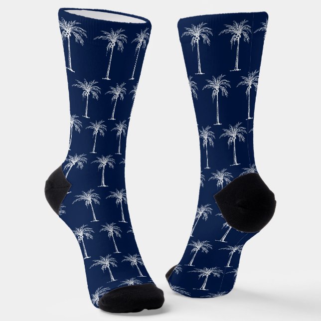 Tropical Blue White Palm Tree Pattern Socks (Angled)