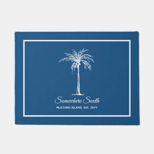 Tropical Blue White Palm Tree Personalised Doormat
