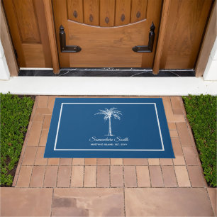 Tropical Blue White Palm Tree Personalised Doormat