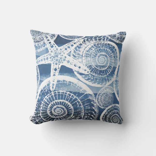 Tropical Blue White Starfish Sea Shells Cushion (Front)