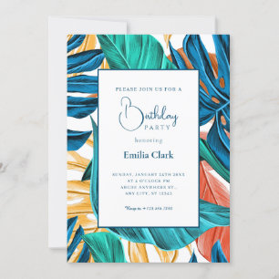 Tropical Blue yelllow leaves birthday Invitation