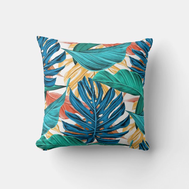 Tropical Blue yelllow leaves  Cushion (Front)