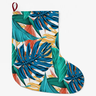 Tropical Blue yelllow leaves Large Christmas Stocking