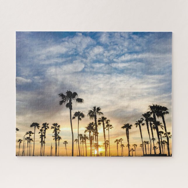 Tropical Blue Yellow Cloudy Palm Trees Sunset Sky Jigsaw Puzzle (Horizontal)
