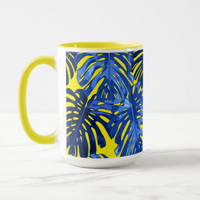 Tropical Blue Yellow Jungle Leaves Colourful Mug (Left)