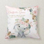 Tropical Blush Floral Elephant Baby Birth Stats Cushion<br><div class="desc">Adorable jungle-themed cushion featuring a sweet baby elephant and elegant watercolor tropical greenery and flowers in blush and pink. Matching items available in our store!</div>