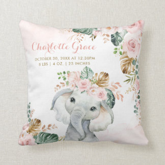 Tropical Blush Floral Elephant Baby Birth Stats Cushion