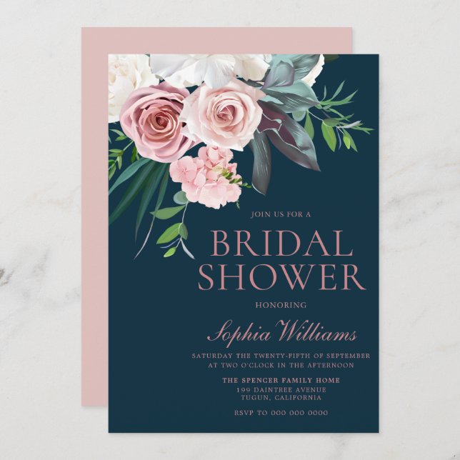 Tropical Blush Floral Modern Navy Bridal Shower Invitation (Front/Back)