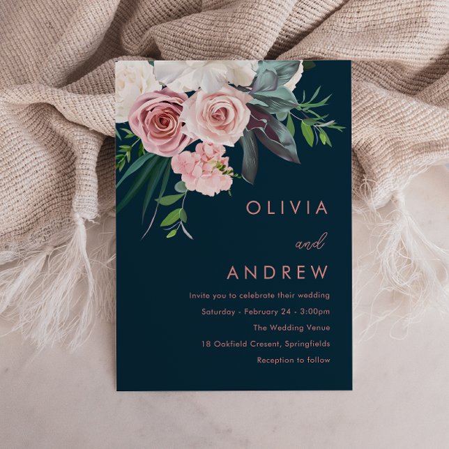 Tropical Blush Floral Modern Navy Wedding Invitation (Creator Uploaded)