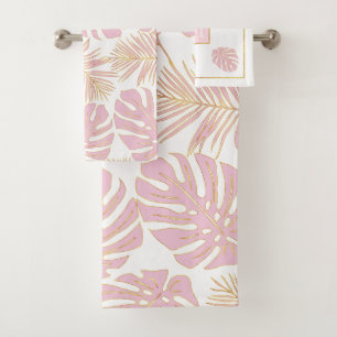 Tropical blush pink, gold leaves and monogram bath towel set