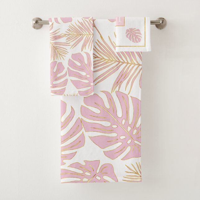 Tropical blush pink, gold leaves and monogram bath towel set (Insitu)