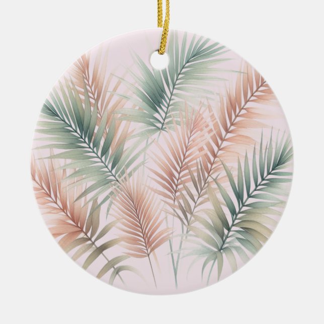 Tropical Blush Pink Green Palm Leaves Ceramic Ornament (Front)