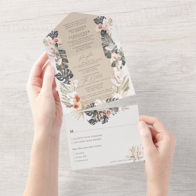 Tropical Bohemian Floral Taupe Wedding All In One Invitation (Tearaway)