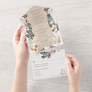 Tropical Bohemian Floral Taupe Wedding All In One Invitation