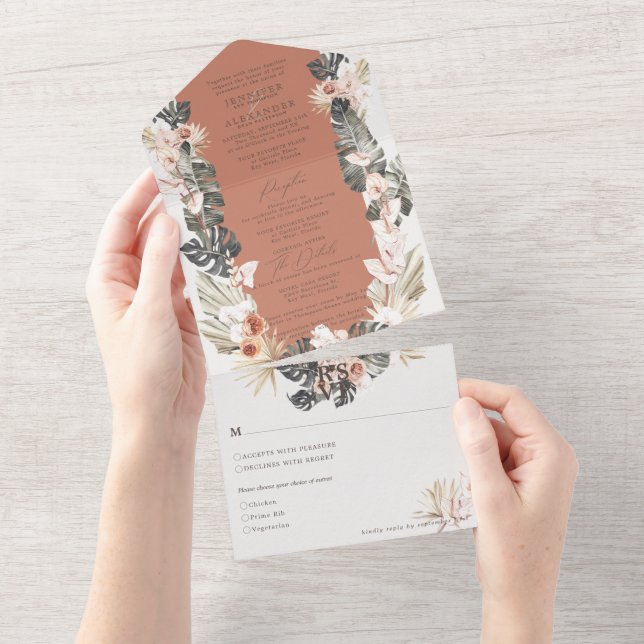 Tropical Bohemian Floral Terracotta Wedding All In One Invitation (Tearaway)